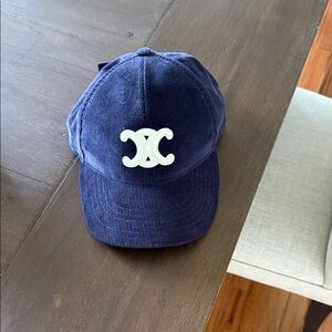 Authentic Celine  Blue Corduroy Cap with White Logo